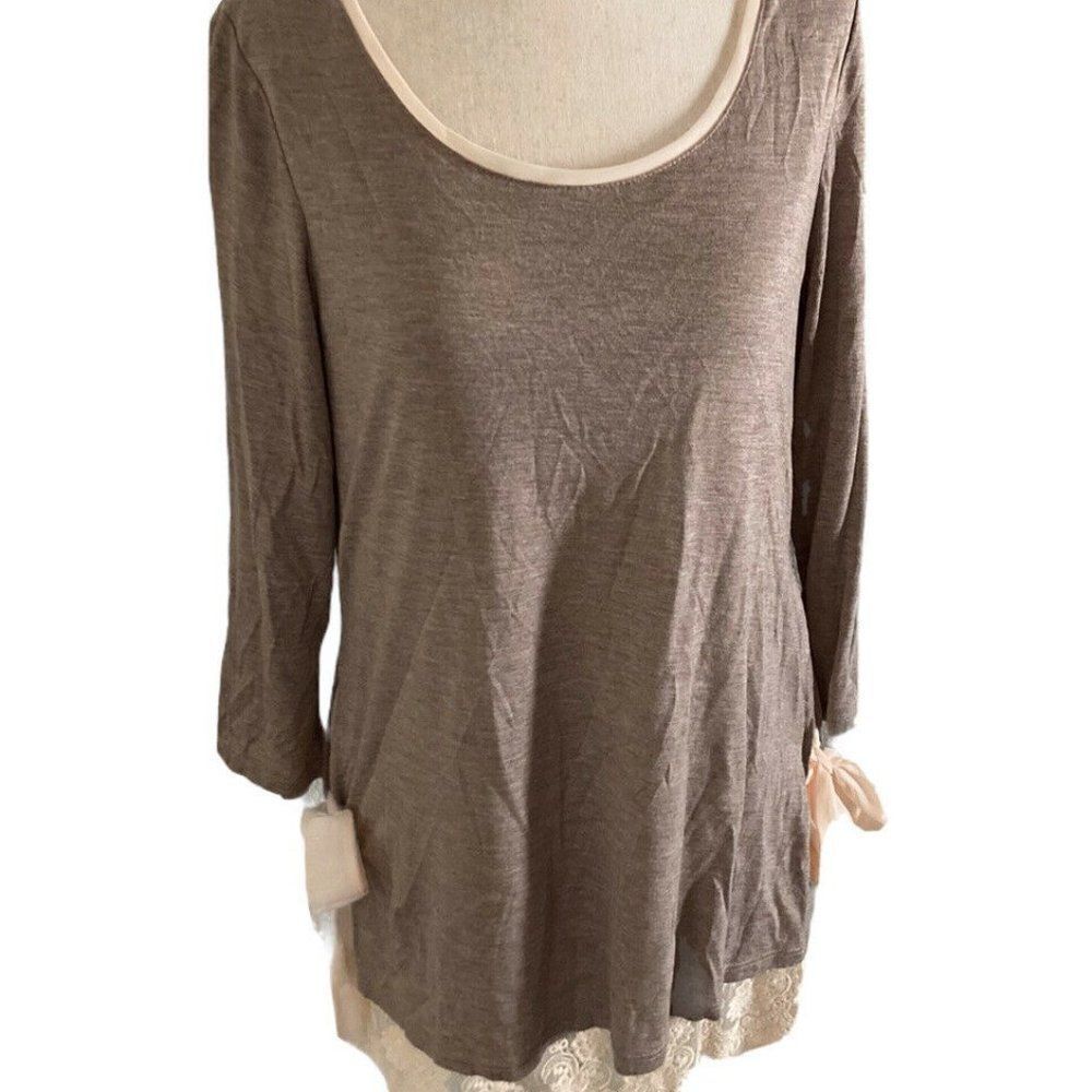 LC Lauren Conrad Womens Small Taupe Cream Layered Tunic Top3/4 Sleeves Bows  NWT
